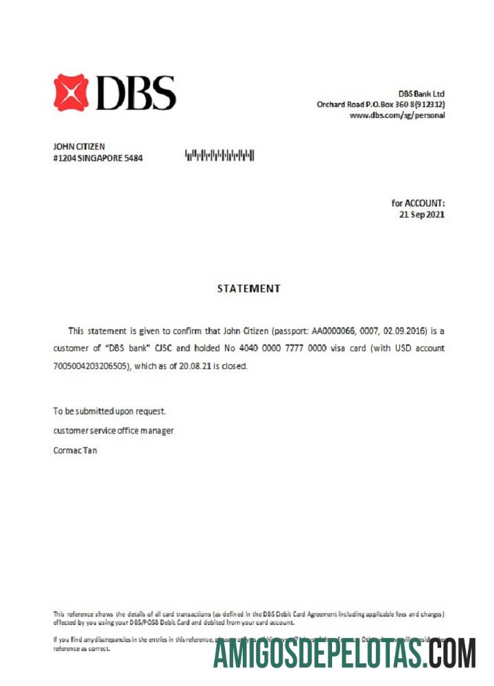 Referência de fechamento do banco DBS de Cingapura exemplo